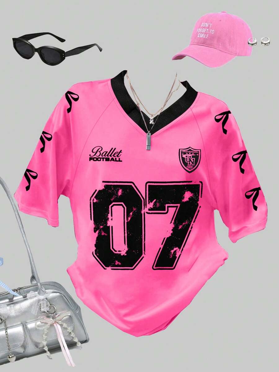 SHEIN Explorewe Tween Girl Pink Sports Jersey Tee Shirt, Summer - Hot Pink - View 1