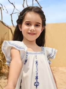 SHEIN Vestido casual de vacaciones con estampado floral y mangas con volantes para niñas jóvenes