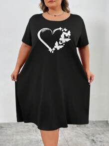 SHEIN CURVE+ Curve Plus 红色心形印花长裙，情人节 - 黑色 - 查看 6