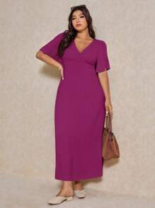 Elaquor Plus Size Casual Elegant V-Neck Cinched Waist A-Line Dress, Vacation,Summer Outfits For Women - Hot Pink - View 6