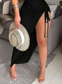 Breezaya 女式夏季印花修身抽绳开衩设计连衣裙，夏季长款连衣裙女装