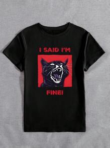 I Said I'm Fine Angry Cat Graphic Print T-Shirt Women's Fashion Round Neck Loose Short Sleeve Daily Outing Top Gift For Her - Black - View 3