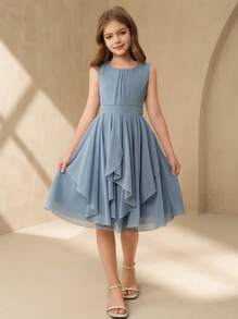 SHEIN 女孩中大女孩飘逸雪纺不对称下摆短裙，花童选美婚礼派对生日活动' - 藍色 - 查看 1