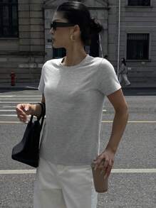 DAZY Women's Casual Versatile Solid Color Short Sleeve T-Shirt - Grey - View 8