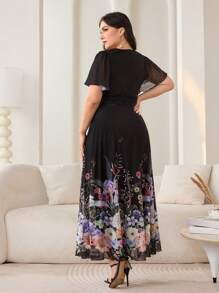 Modelyn Plus Size Women Floral Print Ruffle Sleeve Elegant Vacation Dress - Black - View 4