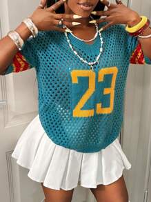 BamGleam Women Openwork Jacquard Knit Top With Number Design - Multicolor - View 7