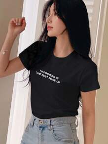 DAZY Women Round Neck Printed Slogan Summer Short Sleeve T-Shirt HAPPINESS IS THE BEST MAKE UP - Black - View 5