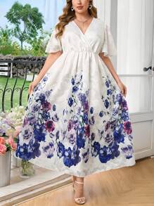 SHEIN Clasi Plus Size Women Elegant Floral Dress,White,Summer,Bridal,Wedding,Holiday,Prom Dress,Graduation Dress,Sun Dresses For Women,Elegant Dresses For Party - Multicolor - View 1
