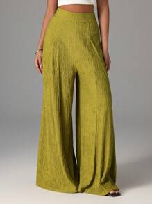 Firerie 女士优雅休闲纹理高腰阔腿裤，适合海滩装、机场装、裤子 - 橄欖綠 - 查看 7