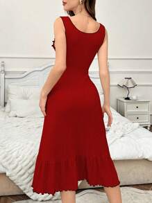 Women's Knitted Texture Bow Trim Pleated Hem Loose Spaghetti Strap Casual Nightgown Babydoll Bowknot - Red - View 2