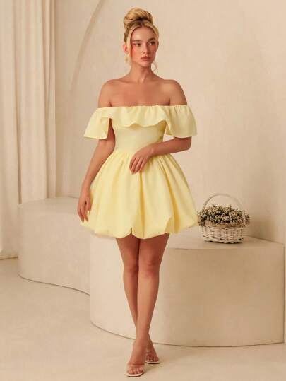  Glamine Off-The-Shoulder Ruffle Bud Dress For Women, Mini Bud Dress, Resort Dress, Light Yellow, Cream Yellow, Date Dress Spring, Summer Dresses, Women's Bud Dresses, Fresh Colors, Princess Holiday Series Vacation And Date& Dresses For Women,Summer Outfits For Women,Summer Dresses For Women,Yellow Dresses For Women,Graduation Dresses For Women