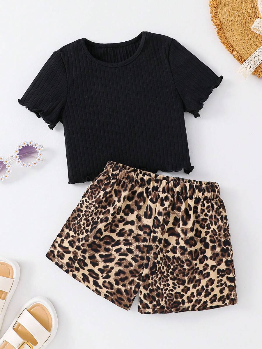 SHEIN Leap Crew 2件套少女休闲度假纯色短袖上衣和豹纹短裤套装 - 黑色 - 查看 1