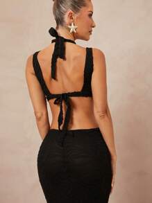 Lumalex Outing Swimsuit Swimwear Swim Cover-Up Bikini Set Fairycore Summer Swimsuit Swimwear Swim Vacation Elegant Easter Bohemian BOHO Sea Beach Hot Outdoor Richly Layered Wedding Season Banquet Coming Of Age Ceremony Beach Seaside Women's Low Cut Backless Textured Sheer Floral Dress - Black - View 4