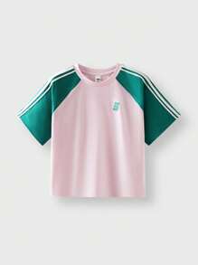 JNSQ Camiseta de manga corta casual y deportiva para niña de verano, Top casual y deportiva de cuello redondo con bloques de color para niños