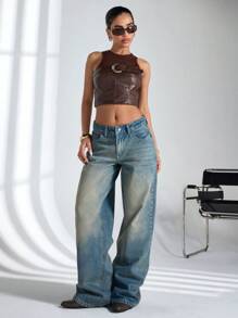 Low Waist Vintage Wash Wide Leg Jeans - Light Wash - View 7
