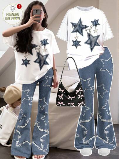 SHEIN 2 件套青少年女孩酷女孩星星印花休闲简约短袖上衣和裤子套装，适合夏季