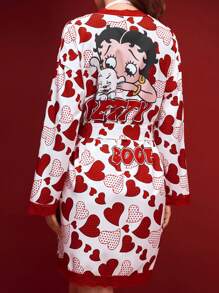Betty Boop x SHEIN 女士夏季休闲红色爱心人像印花蕾丝睡袍，复古人像图案长袖睡袍，秋冬季 - 紅色 - 查看 5