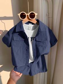 SHEIN 3pcs Baby/Toddler Girl/Boy Navy Blue & White Summer Collared Short Sleeve Cardigan, Elastic Waist Shorts, Letter Printed Sleeveless Vest, Versatile For Vacation, Casual, Sports - Navy Blue - View 7