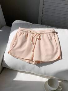 SHEIN EZwear 女士實色束腰短褲，帶口袋，夏季休閒裝 - 杏色 - 查看 5