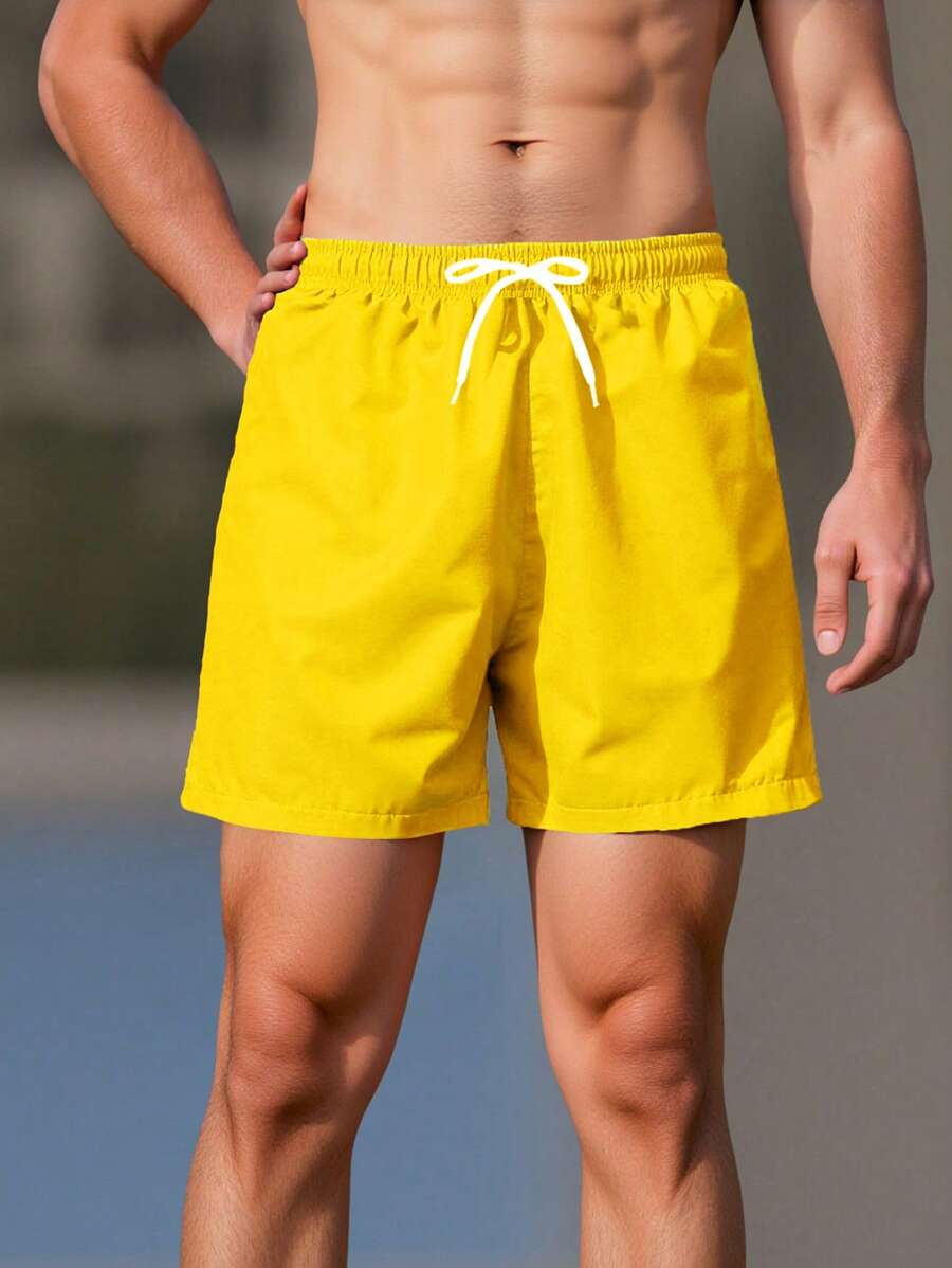 SHEIN 男童(大号)泳衣 青少年男孩泳装 休闲运动男孩黄色梭织沙滩裤面料 轻质肩带 适合度假 适合夏季 - 黃色 - 查看 1