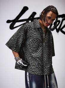 AXEPEAK Men's Leopard Print Zip Placket Short Sleeve Casual Shirt, Streetwear Edition - Grey - View 1