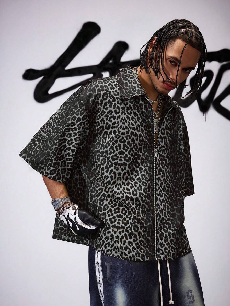 AXEPEAK Men's Leopard Print Zip Placket Short Sleeve Casual Shirt, Streetwear Edition - Grey - View 1