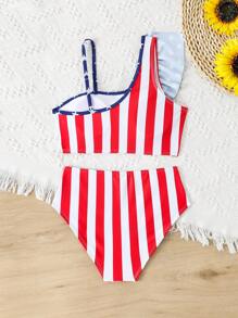 Tween Girl Striped Swimwear Top & Bottom 2 Pieces Set, Fashion, Prints Random