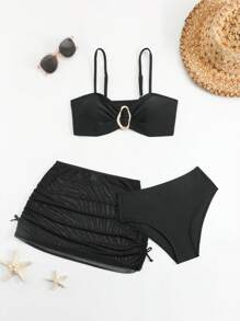 青少年女孩纯色细肩带比基尼套装，配有可拆卸衬垫上衣和芭蕾舞裙，时尚泳装，适合夏季 - 黑色 - 查看 2