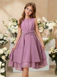 SHEIN Girls' Elegant Lilac Sleeveless Midi Dress, Suitable For Party, Holiday, Formal Occasions, Flower Girl Dress, Birthday Performance And More