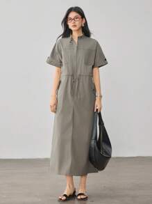 Dazy-Less Vestido sencillo y holgado de largo medio con bolsillo grande, cintura con cordón y estilo casual y elegante para mujeres como vestido de verano