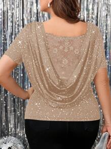 SHEIN Clasi Plus Size Women Elegant Contrast Lace Short Sleeve Open Back T-Shirt Imitation Sequins - Khaki - View 1