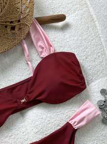 Swim Vcay 2pcs/Set Atasan Tanpa Tali Warna Polos dengan Hiasan Mutiara & Celana Pendek Renang untuk Wanita, Pakaian Renang Liburan Pantai Musim Panas - MultiWarna - View 3