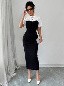 Chiquease Black & White Patchwork Contrast Color Slimming Short Sleeve Shirt Dress - Black and White - View 6