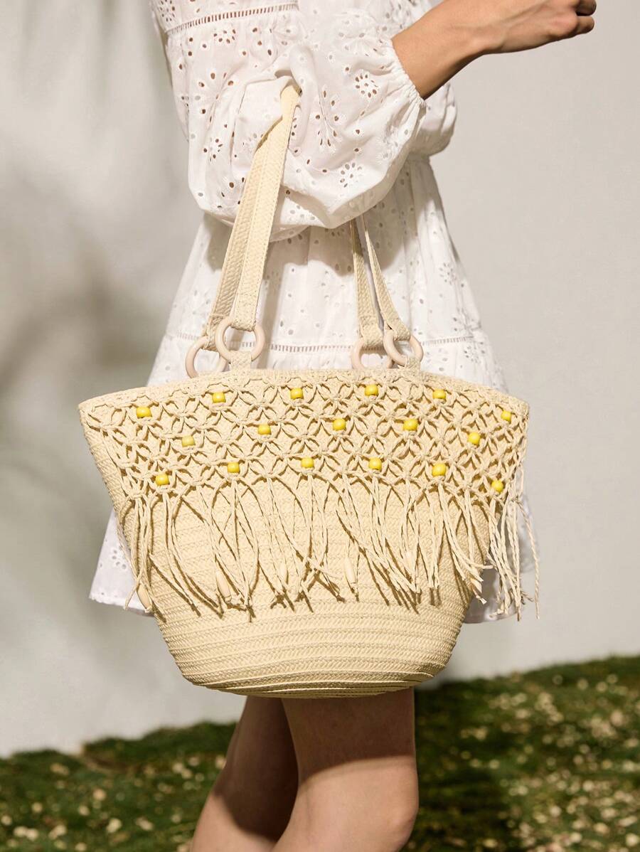 SHECARRY Women's Vacation Bohemian Tassel Design Large Capacity Tote Bag - Apricot - View 1