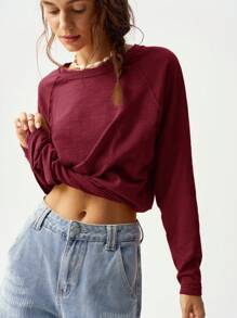 Bohemela Camiseta holgada de manga raglán de cuello redondo de punto de unicolor de vacaciones para mujeres