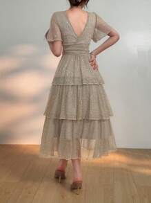 DAZY 夏季优雅婚礼宾客礼服 V领荷叶袖中长亮片连衣裙 女士奢华舞会礼服 闪亮连衣裙 长款连衣裙 - 淺灰色 - 查看 2