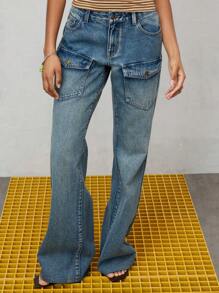 COUREZ Y2K 低腰水洗宽松喇叭牛仔裤，带前口袋细节 / 女士夏季穿搭 / Y2K / 休闲 / 纯棉高街复古 - 藍色 - 查看 4