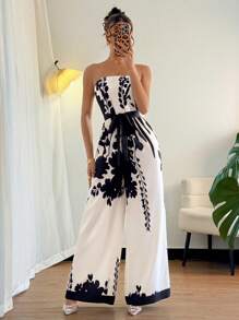 Chiquease 女士优雅印花束腰连体裤