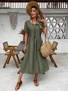 Vestido casual de media pantorrilla con doble bolsillo para mujeres de vacaciones - Verde - Ver 6