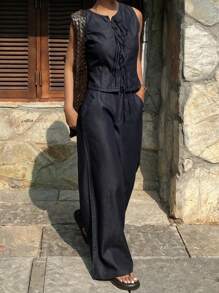 Women's Summer Bowknot Strap Top And Denim Pants 2pcs/Set, Casual Denim Outfit - Dark Wash - View 7