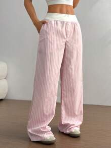 SHEIN PETITE Women's Button Design Bow Decor Striped Wide Leg Pants Fall Cloth For Women - Pink - View 5