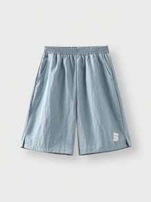 JNSQ 返校服，青少年女孩和男孩户外休闲宽松短裤，儿童松紧腰斜口袋宽松户外休闲短裤 - 灰色 - 查看 3