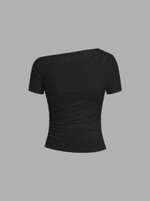 Ellevyn 不对称领口褶饰短袖针织纯色 T 恤，粉色、黑色、白色，优雅女士春夏装 - 彩色 - 查看 5