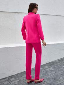 Lapel Neck Blazer & Slant Pocket Self Buckle Belted Suit Pants - Pink - View 2