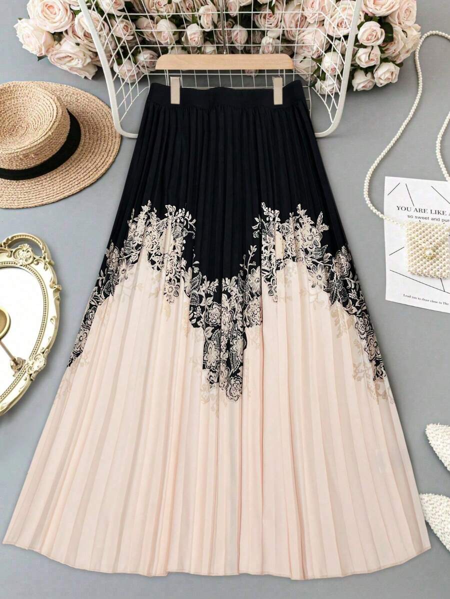 SHEIN Tall Plus Size Women Color Block Print Pleated Skirt - Multicolor - View 1