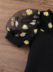 SHEIN Leap Crew Young Girl Solid Color Patchwork Ditsy Floral Mesh Puff Sleeve Fitted T-Shirt - Black - View 6