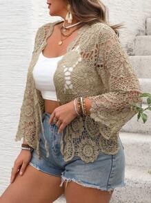 SHEIN VCAY Plus Size Solid Color Hollow Out Knit Cardigan, Vacation Style