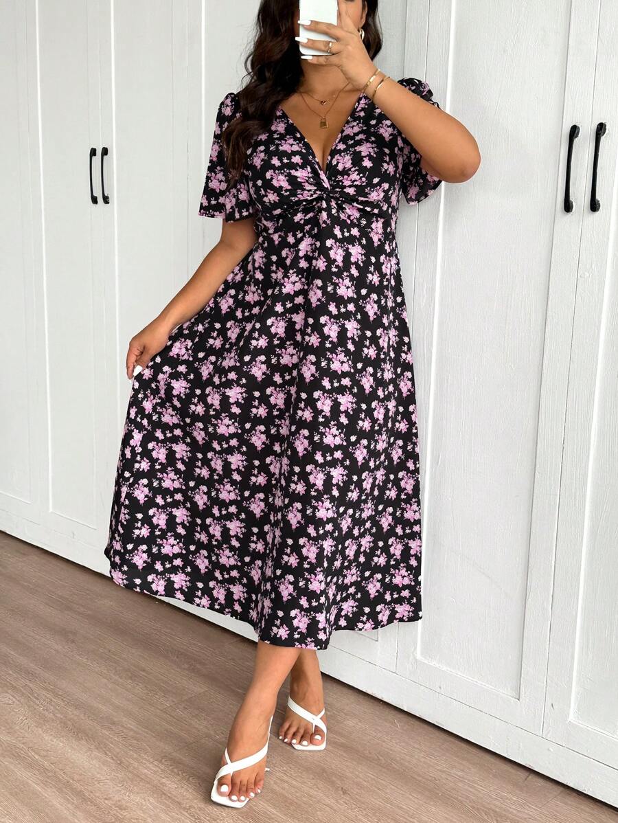 SHEIN Frenchy Plus Size Elegant Ditsy Floral Twist Knot Dress, Summer Flowy Dress - Black - View 1