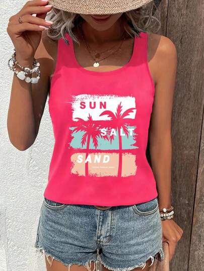  INAWLY Women Coconut Tree Print Wide Strap Tank Top For Summer Graphic Tees Women Tops