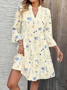 EMERY ROSE 女式花卉印花V领喇叭袖短款太阳裙 - 黃色 - 查看 3